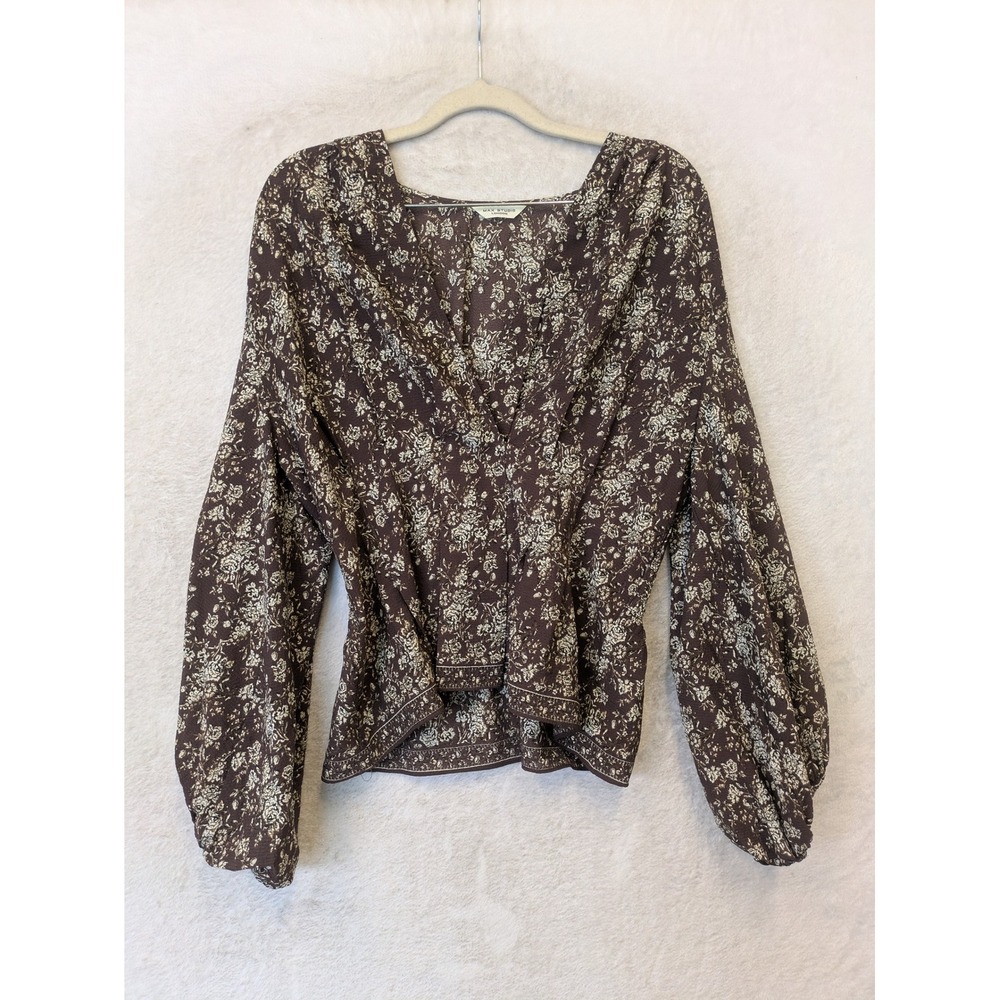 Max Studio London Blouse Women's M Brown Floral V-Neck Balloon Sleeve